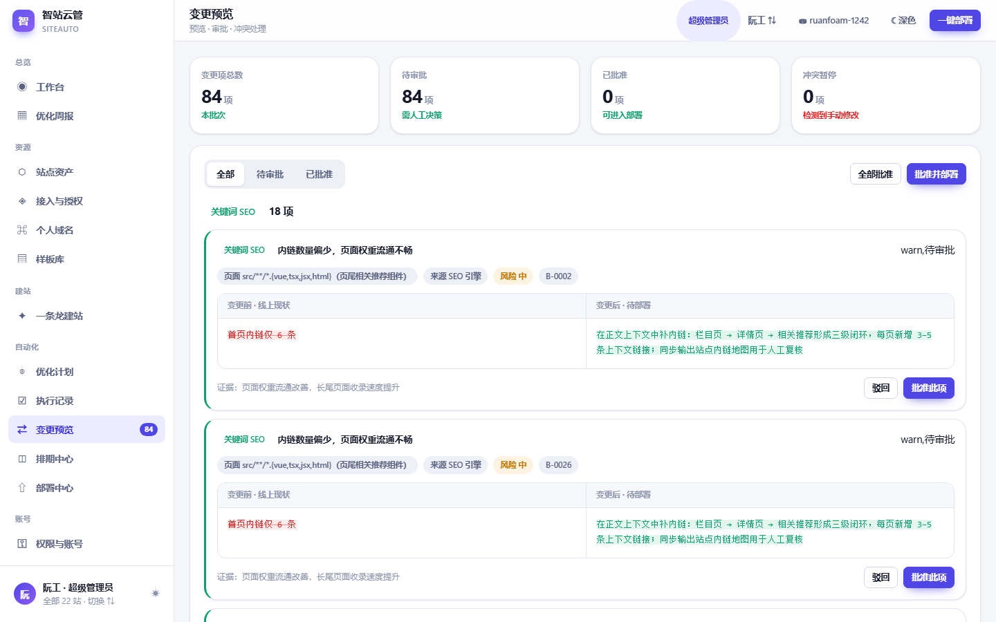 智站云管 SiteAuto 控制台真实界面截图:变更预览与逐项审批